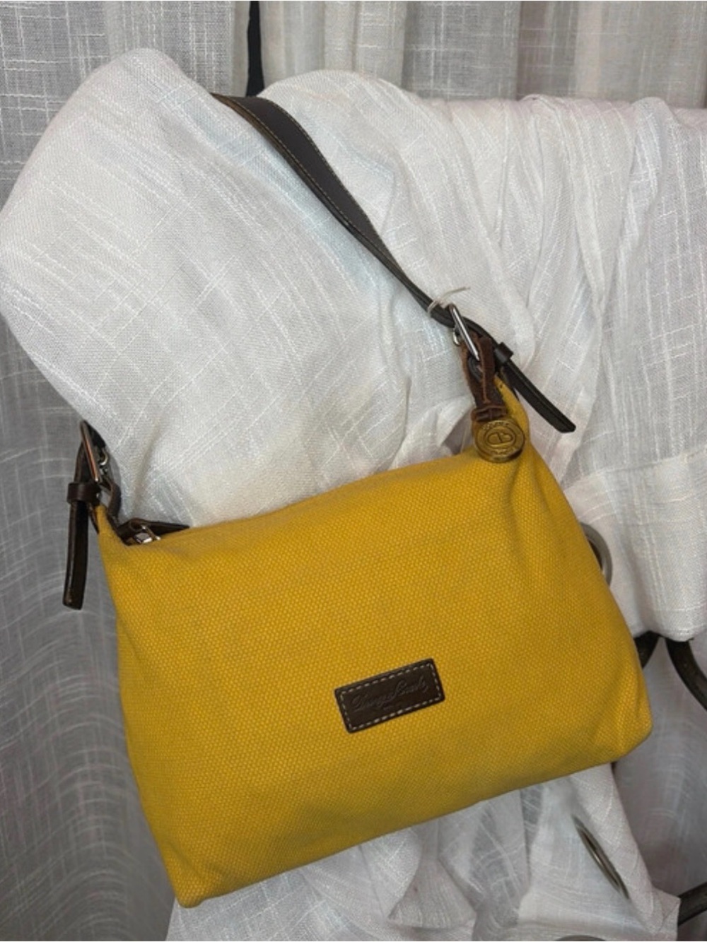 Dooney & Bourke Mustard Yellow Canvas Shoulder Bag with Brown Leather Trim